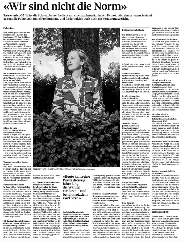 Black and white newspaper article featuring a woman with a floral background, discussing political science and democracy in Switzerland.
